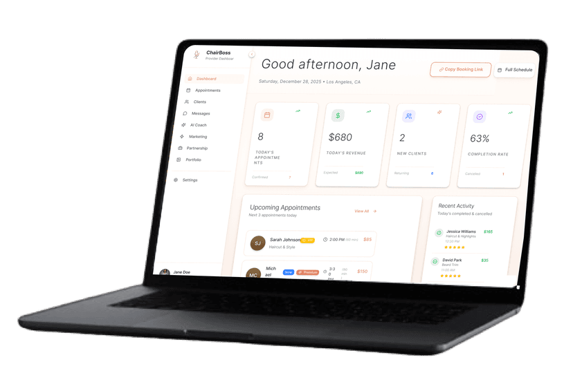 Black laptop displaying a business dashboard with metrics and 'Good afternoon, Jane' message.