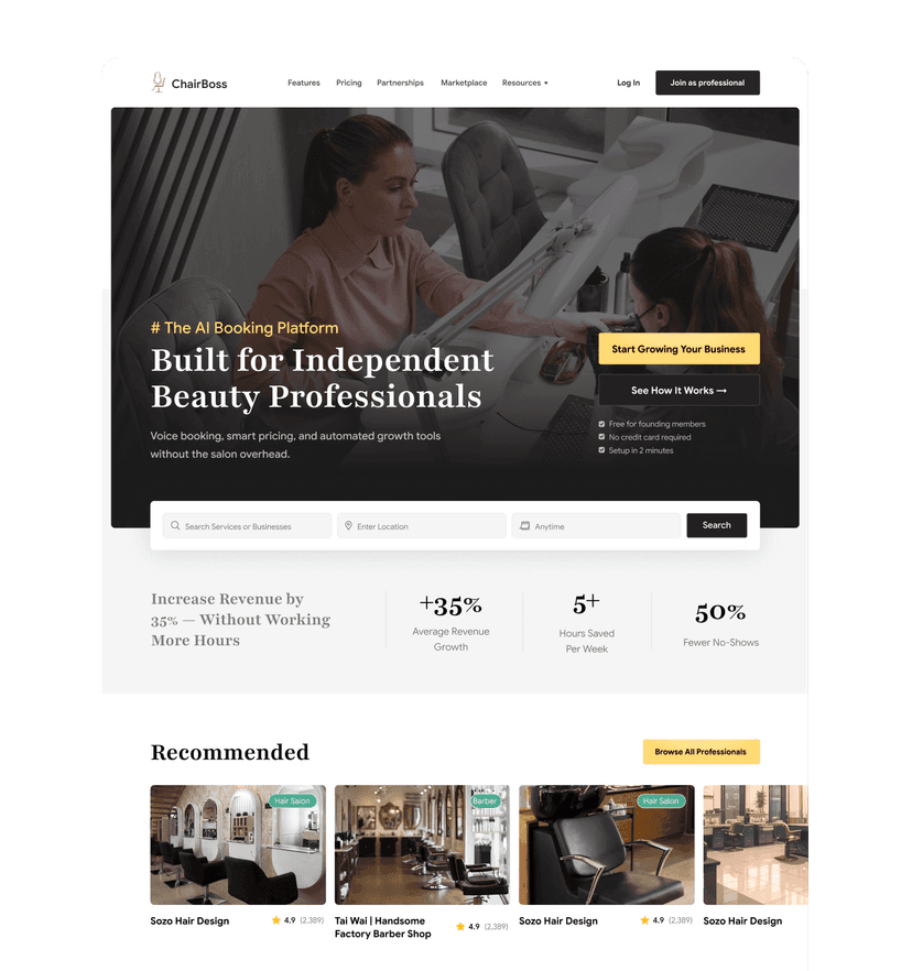 CloudNine website homepage, 'Built for Independent Beauty Professionals' banner, showing salon interior.