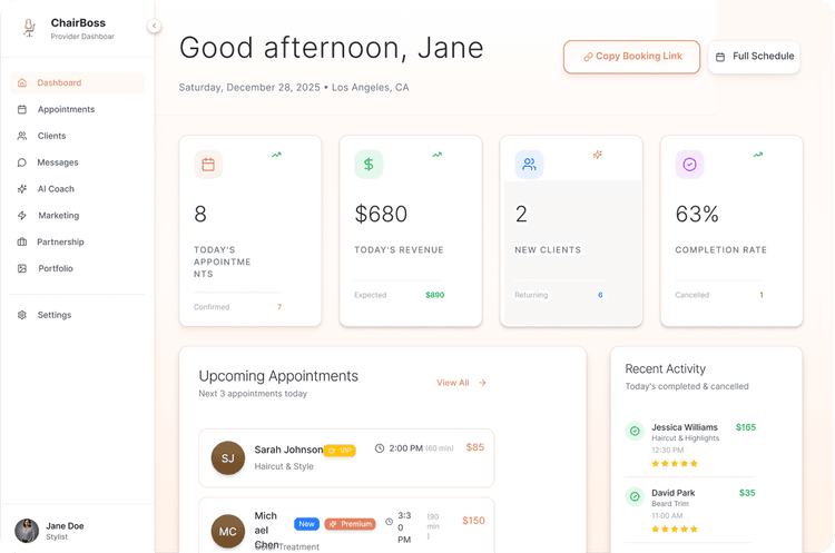 ChainBoss business dashboard showing upcoming appointments, today's revenue, new clients, and completion rate.